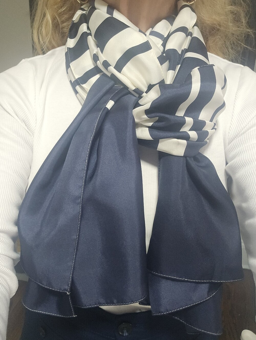 100% Silk Navy and White Striped  Scarf Shawl. Classic.